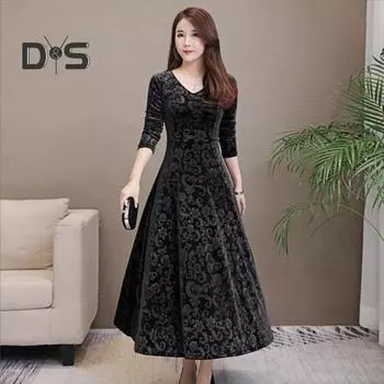 Осенне-зимнее женское платье с круглым вырезом и длинными рукавами, пуловерное платье с цветочным принтом, тонкое платье, элегантное женское повседневное длинное платье для отпуска, праздничная одежда XL вино красного