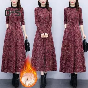 Осенне-зимнее женское платье с круглым вырезом, толстый длинный рукав, с принтом, теплое, мягкое, А-силуэт, свободный подол, карманы, длина до середины голени, платье макси для мам XL жёлтый