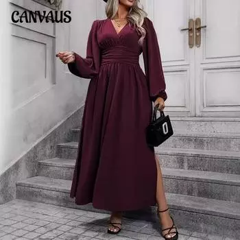 Осенне-зимнее женское платье с рукавами-фонариками и высоким разрезом, платья больших размеров 0XL бордовый