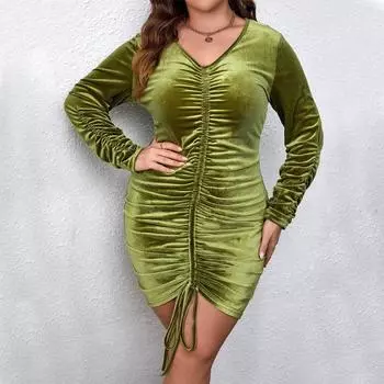 Осенне-зимнее женское платье с v-образным вырезом и длинным рукавом, с запахом бедра, темпераментное модное сексуальное вечернее бархатное платье размера плюс, тонкое платье, дизайн на шнурке XL