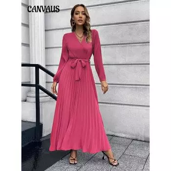 Осенне-зимнее женское платье с v-образным вырезом и длинными рукавами, плиссированные платья трапециевидной формы, платья средней длины M чёрный