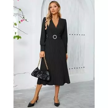 Осенне-зимнее женское платье с V-образным вырезом и длинными рукавами, модное облегающее платье А-силуэта с темпераментом S чёрный