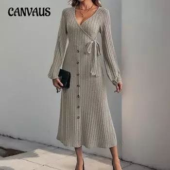 Осенне-зимнее женское платье средней длины с V-образным вырезом, однотонное, с завязками на пуговицах и подолом, трикотажные платья S хаки