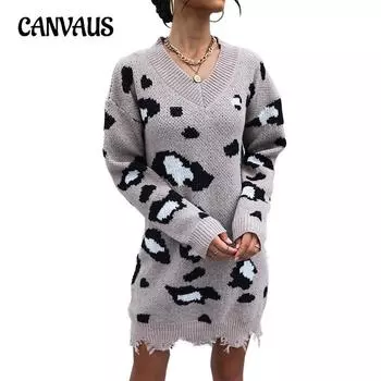 Осенне-зимнее женское платье-свитер, модное вязаное платье-свитер с длинным рукавом и v-образным вырезом, потертый леопардовый свитер, платья S хаки