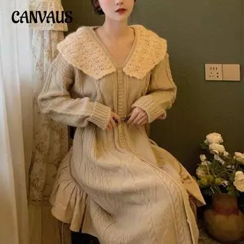 Осенне-зимнее женское платье-свитер, нежное длинное вязаное платье, винтажный свитер с закрученным дном One Size бежевый