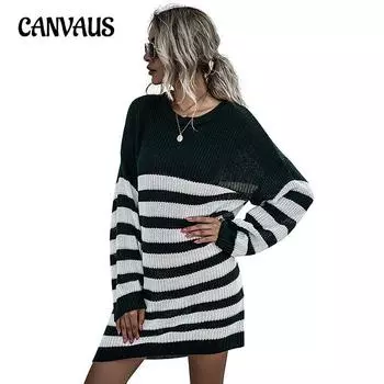 Осенне-зимнее женское платье-свитер с длинными рукавами в полоску и круглым вырезом, вязаные платья-свитера S бордовый
