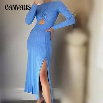 Осенне-зимнее женское платье-свитер с полым круглым вырезом, однотонные открытые трикотажные платья с длинными рукавами S синий