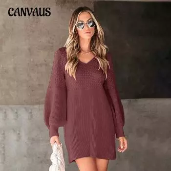 Осенне-зимнее женское платье-свитер с V-образным вырезом и рукавами-фонариками S кирпич красный