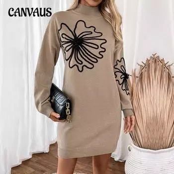 Осенне-зимнее женское платье-свитер с длинными рукавами и средней горловиной с цветочным принтом S хаки