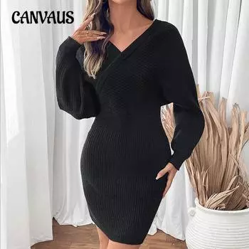 Осенне-зимнее женское платье-свитер с V-образным вырезом и рукавами «летучая мышь» S чёрный