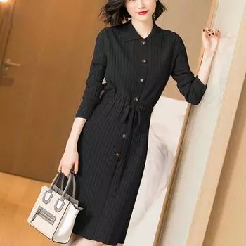 Осенне-зимнее женское платье-свитер с воротником-куколкой и кружевом средней длины в корейском стиле, однотонное трикотажное платье-свитер для женщин XS синий