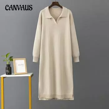 Осенне-зимнее женское платье-свитер, вязаное длинное платье с вырезом поло, свободные однотонные платья больших размеров One Size чёрный