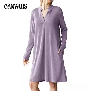 Осенне-зимнее женское платье свободного покроя с V-образным вырезом и длинными рукавами S розовый