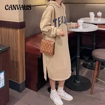 Осенне-зимнее женское платье-толстовка больших размеров с подкладкой, утолщенное, двухслойное, с капюшоном и буквенным принтом, с длинными рукавами One Size темно-серого