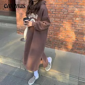 Осенне-зимнее женское платье-толстовка с капюшоном и подкладкой больших размеров, длиной до колена, с принтом, утолщенное и свободное One Size серый