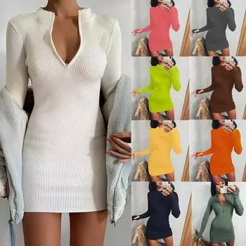 Осенне-зимнее женское платье, трендовые платья с длинными рукавами, универсальная декольте на молнии, сексуальная юбка с тонкой талией S белый