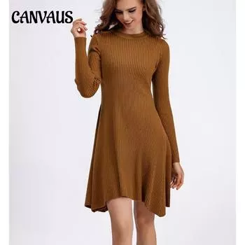 Осенне-зимнее женское платье трикотажное однотонное тонкое Нижнее платье с длинными рукавами внутри модной юбки трапециевидной формы One Size абрикосовый