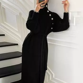 Осенне-зимнее женское платье, трикотажное, с высоким воротником, защитой шеи и поясом, длинными рукавами-фонариками, длиной до щиколотки, декорированными пуговицами, однотонное платье макси M абрикосовый