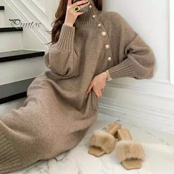 Осенне-зимнее женское платье, трикотажное, с высоким воротником, защитой шеи и поясом, длинными рукавами-фонариками, длиной до щиколотки, декорированными пуговицами, однотонное платье макси 2XL абрикосовый