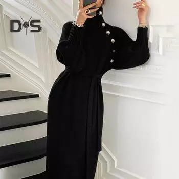 Осенне-зимнее женское платье, трикотажное, с высоким воротником, защитой шеи и поясом, длинными рукавами-фонариками, длиной до щиколотки, декорированными пуговицами, однотонное платье макси S чёрный