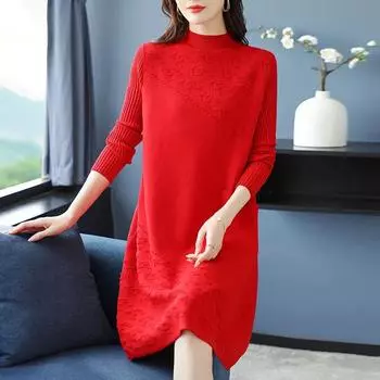 Осенне-зимнее женское платье в стиле вестерн, длинное выше колена, осенне-зимнее, прикрывающее живот, тонкий свитер, юбка, нижняя часть рубашки 3XL красный