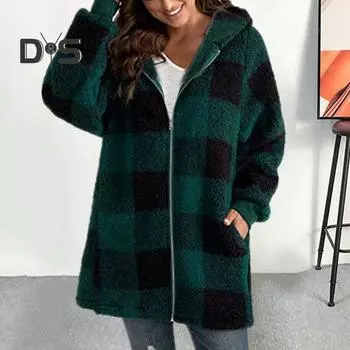 Осенне-зимнее женское плюшевое пальто на молнии с капюшоном, длинными рукавами, карманами, клетчатым узором, средней длины, меховая куртка 3XL хаки