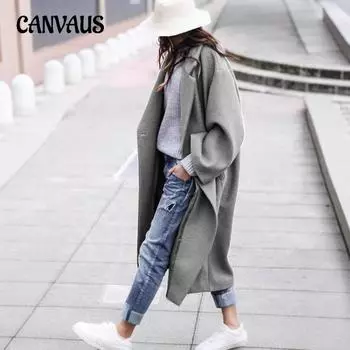 Осенне-зимнее женское повседневное длинное пальто больших размеров, однотонный теплый твидовый жакет, тренчкот S серый