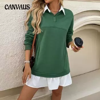 Осенне-зимнее женское повседневное свободное платье-свитшот с карманами и воротником-поло S чёрный