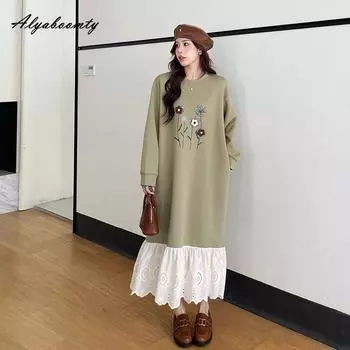 Осенне-зимнее женское просторное теплое платье миди большого размера с цветочной вышивкой, трикотажное лоскутное платье, ажурные оборки, стильное платье L