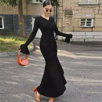 Осенне-зимнее женское сексуальное облегающее плиссированное платье с рукавами-трубами и талией, однотонное, с длинными рукавами и вырезом «рыбий хвост» S чёрный