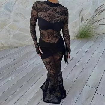 Осенне-зимнее женское сексуальное перспективное облегающее круглое шею длинное кружевное платье темпераментное длинное платье S чёрный