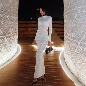 Осенне-зимнее женское сексуальное перспективное облегающее платье с высоким воротом и длинными рукавами, однотонное платье с длинной юбкой, темпераментное платье S чёрный