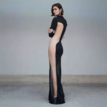 Осенне-зимнее женское сексуальное прозрачное сетчатое платье с высокой талией, облегающее, с длинными рукавами S чёрный