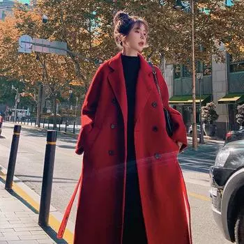 Осенне-зимнее женское шерстяное пальто больших размеров, среднее и длинное, тонкое и до колена шерстяное пальто корейского варианта свободного покроя M recommends 90-55kg чёрный