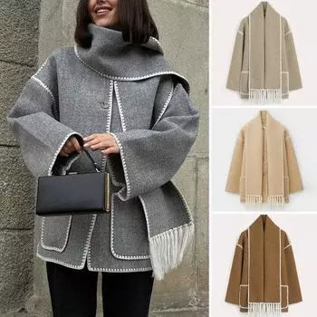 Осенне-зимнее женское шерстяное пальто с шарфом с кисточками, свободное однобортное пальто с длинными рукавами, женская ветрозащитная верхняя одежда с карманами XL серый