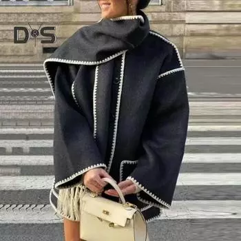 Осенне-зимнее женское шерстяное пальто с шарфом с кисточками, свободное однобортное пальто с длинными рукавами, женская ветрозащитная верхняя одежда с карманами XL серый