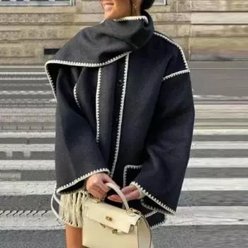 Осенне-зимнее женское шерстяное пальто с шарфом с кисточками, свободное однобортное пальто с длинными рукавами, женская ветрозащитная верхняя одежда с карманами S черный белый
