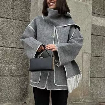 Осенне-зимнее женское шерстяное пальто с шарфом с кисточками, свободное однобортное пальто с длинными рукавами, женская ветрозащитная верхняя одежда с карманами XL серый