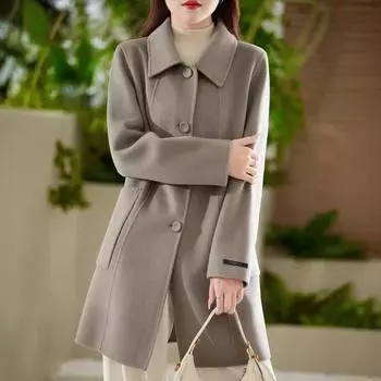 Осенне-зимнее женское шерстяное пальто с кукольным воротником, темпераментное, средней и длинной длины, повседневное, свободное, двухстороннее шерстяное пальто высокого качества S какао