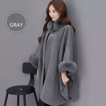 Осенне-зимнее женское шерстяное пальто средней длины с большим меховым воротником S серый
