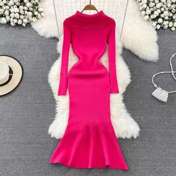 Осенне-зимнее женское темпераментное облегающее трикотажное платье трапециевидной формы с высоким воротом и рыбьим хвостом