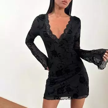 Осенне-зимнее женское темпераментное однотонное облегающее платье с V-образным вырезом и длинными рукавами S чёрный