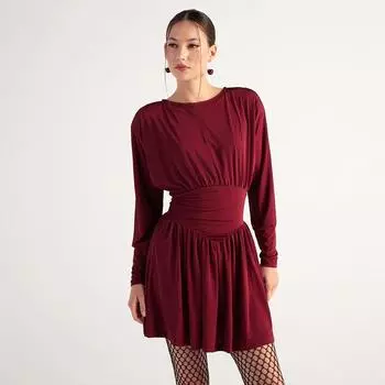 Осенне-зимнее женское темпераментное однотонное платье с круглым вырезом и длинными рукавами, с отворотом на талии S красный