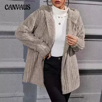 Осенне-зимнее женское теплое модное плюшевое пальто с капюшоном в вертикальную полоску большого размера, модное однотонное пальто 0XL абрикосовый