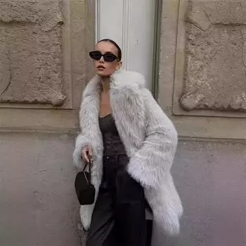 Осенне-зимнее женское теплое пальто средней длины из искусственного меха, толстая куртка XS серый