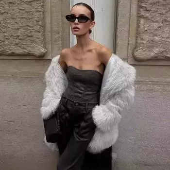 Осенне-зимнее женское теплое пальто средней длины из искусственного меха, толстая куртка XS серый