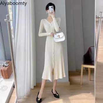 Осенне-зимнее женское теплое вязаное платье с v-образным вырезом, черное, синее, фиолетовое, абрикосовое, облегающее, на пуговицах, элегантное, толстый, свитер, шикарное платье One Size чёрный