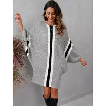 Осенне-зимнее женское трикотажное мешковатое платье-свитер в стиле пэчворк с рукавами «летучая мышь» S серый