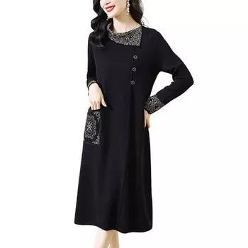 Осенне-зимнее женское трикотажное платье с круглым вырезом, трикотажное платье-свитер с принтом больших размеров, свободное элегантное шерстяное платье длиной до колена M чёрный