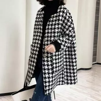 Осенне-зимнее женское твидовое пальто «Тысяча птиц» средней длины, шерстяное винтажное пальто с v-образным вырезом и широкой талией, кашемир оверсайз S чёрный